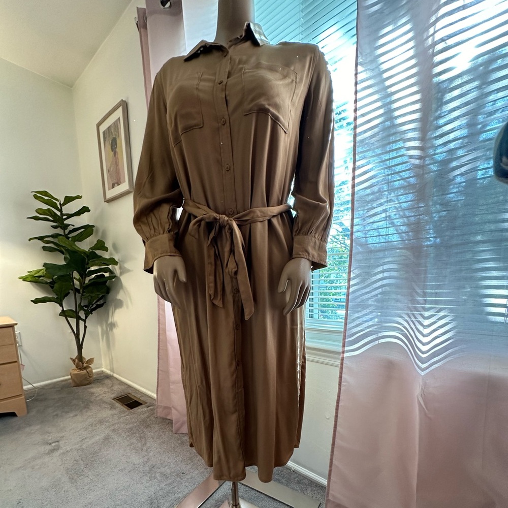 OLD NAVY womens tan tie-belt midi shirt dress
